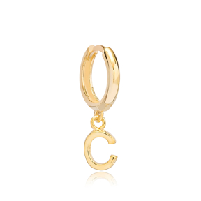 Initial Alphabet letter C Charm  Ø12mm Hoop Dangle Single  Earring Wholesale 925 Sterling Silver Jewelry