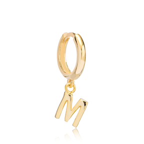 Initial Alphabet letter M Charm Ø12mm Hoop Dangle Single Earring Wholesale 925 Sterling Silver Jewelry