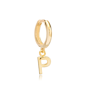 Initial Alphabet letter P Charm Ø12mm Hoop Dangle Single Earrings Wholesale 925 Sterling Silver Jewelry