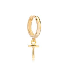Initial Alphabet letter T Charm  Ø12mm Hoop Dangle Single Earring Wholesale 925 Sterling Silver Jewelry