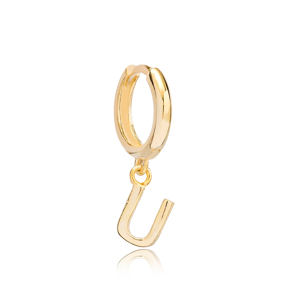 Initial Alphabet letter U Charm  Ø12mm Hoop Dangle Single Earring Wholesale 925 Sterling Silver Jewelry