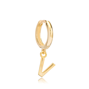 Initial Alphabet letter V Charm  Ø12mm Hoop Dangle Single Earring Wholesale 925 Sterling Silver Jewelry