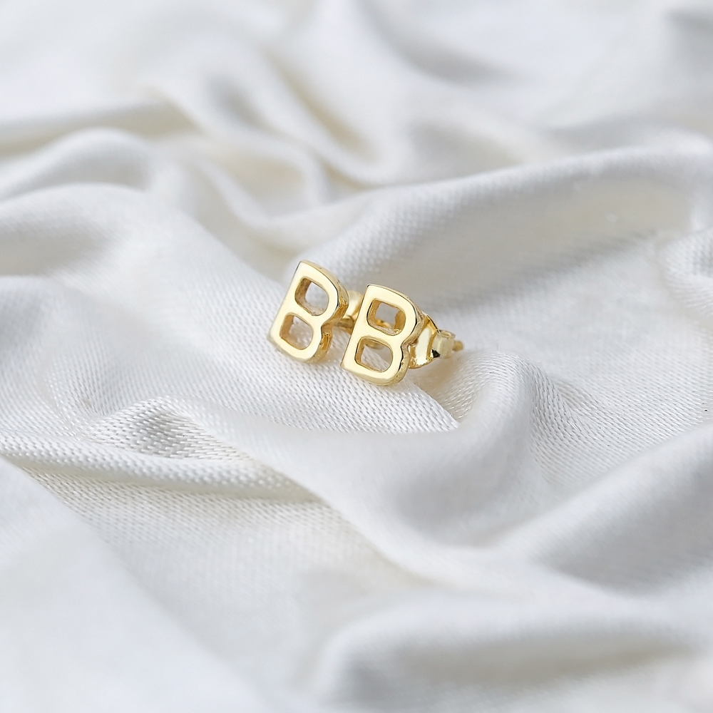 Minimalistic Initial Alphabet letter B Stud Earring Wholesale 925 Sterling Silver Jewelry