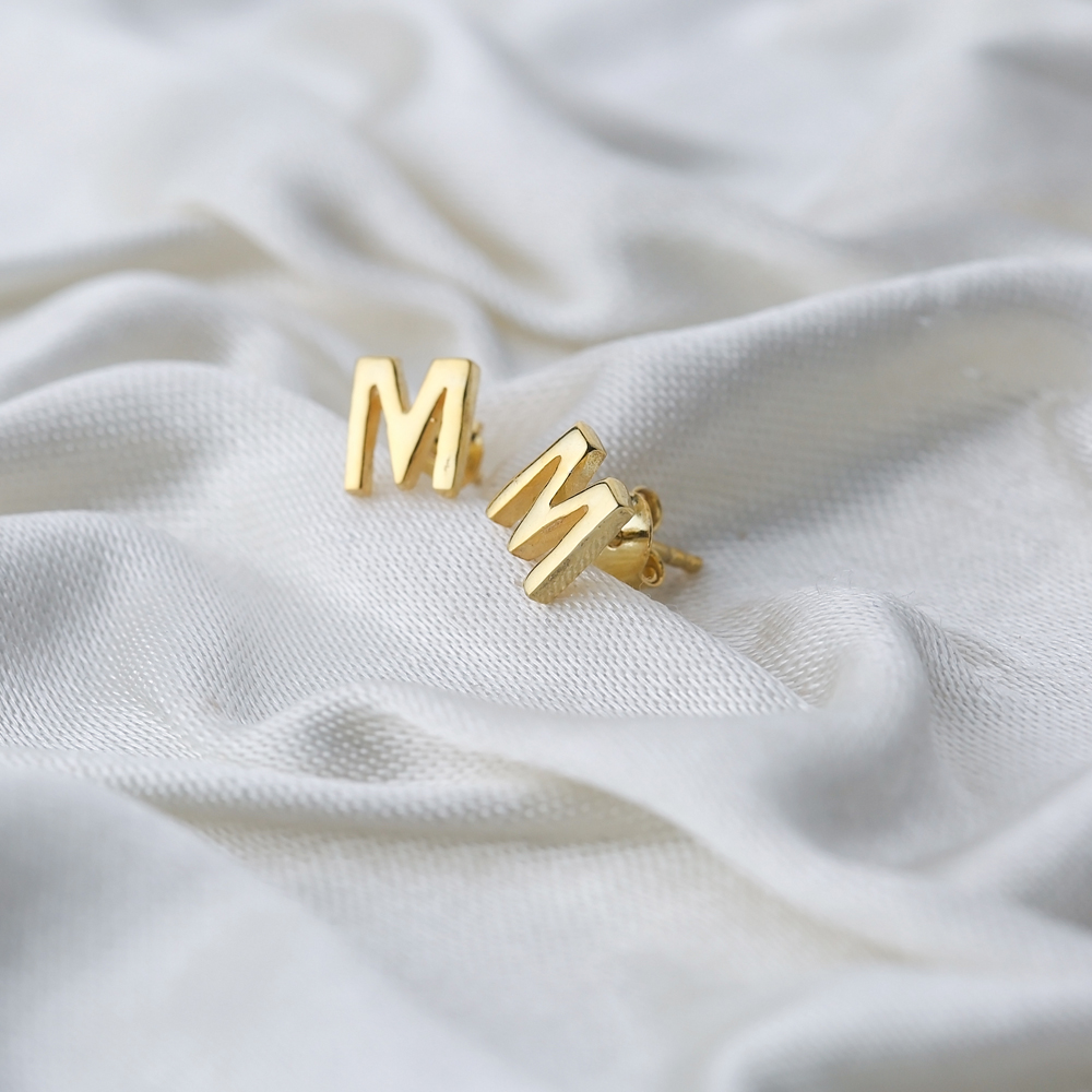 Minimalistic Initial Alphabet letter M Stud Earring Wholesale 925 Sterling Silver Jewelry