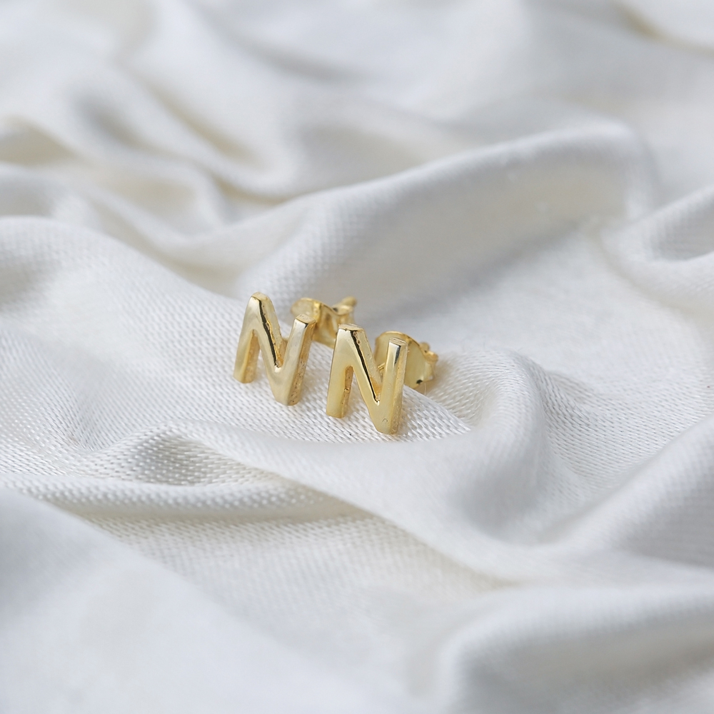 Minimalistic Initial Alphabet letter N Stud Earring Wholesale 925 Sterling Silver Jewelry