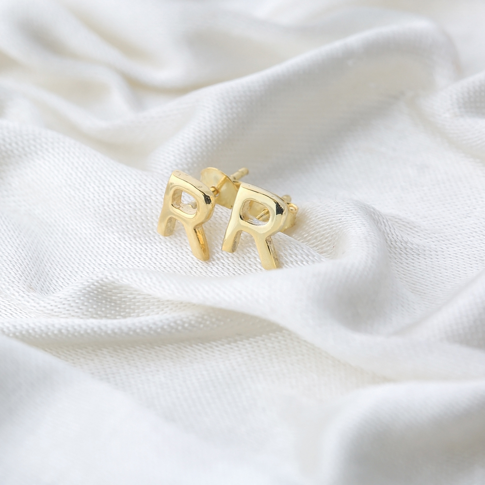 Minimalistic Initial Alphabet letter R Stud Earring Wholesale 925 Sterling Silver Jewelry