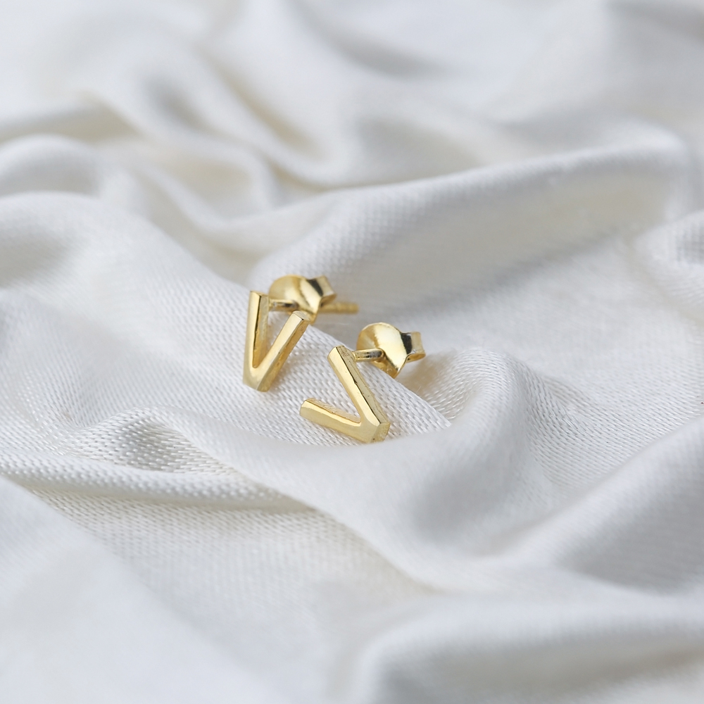 Minimalistic Initial Alphabet letter V Stud Earring Wholesale 925 Sterling Silver Jewelry