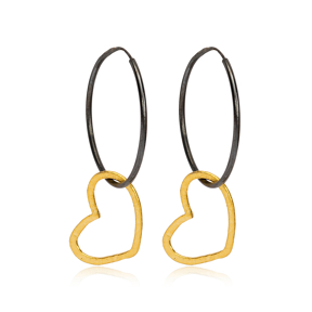 22k Gold Plated Silver Heart Charm Design Ø30mm Hoop Earrings Handcrafted Wholesale 925 Sterling Silver Jewelry