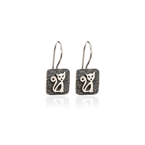 Square Shape Cat Design Vintage Hook Earrings Handcrafted Wholesale 925 Sterling Silver Jewelry