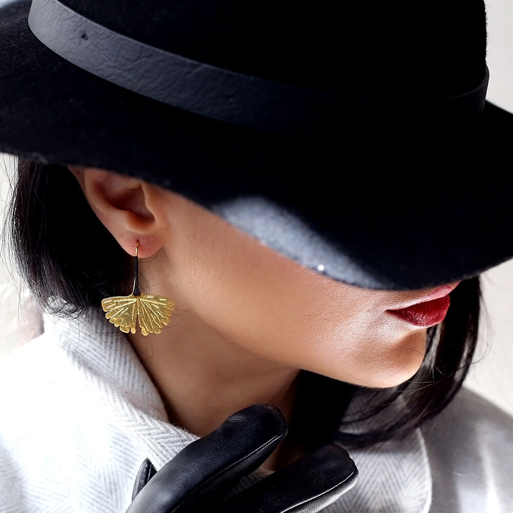 22K Gold Plated Ginko Leaf Vintage Hook Earring Handcrafted Wholesale 925 Sterling Silver Jewelry