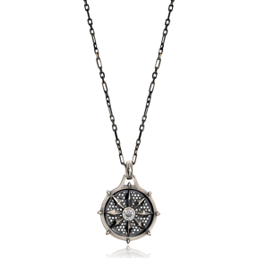 Flower Zircon Stone Design Authentic Medallion Pendant Wholesale Turkish Handcrafted Silver Jewelry
