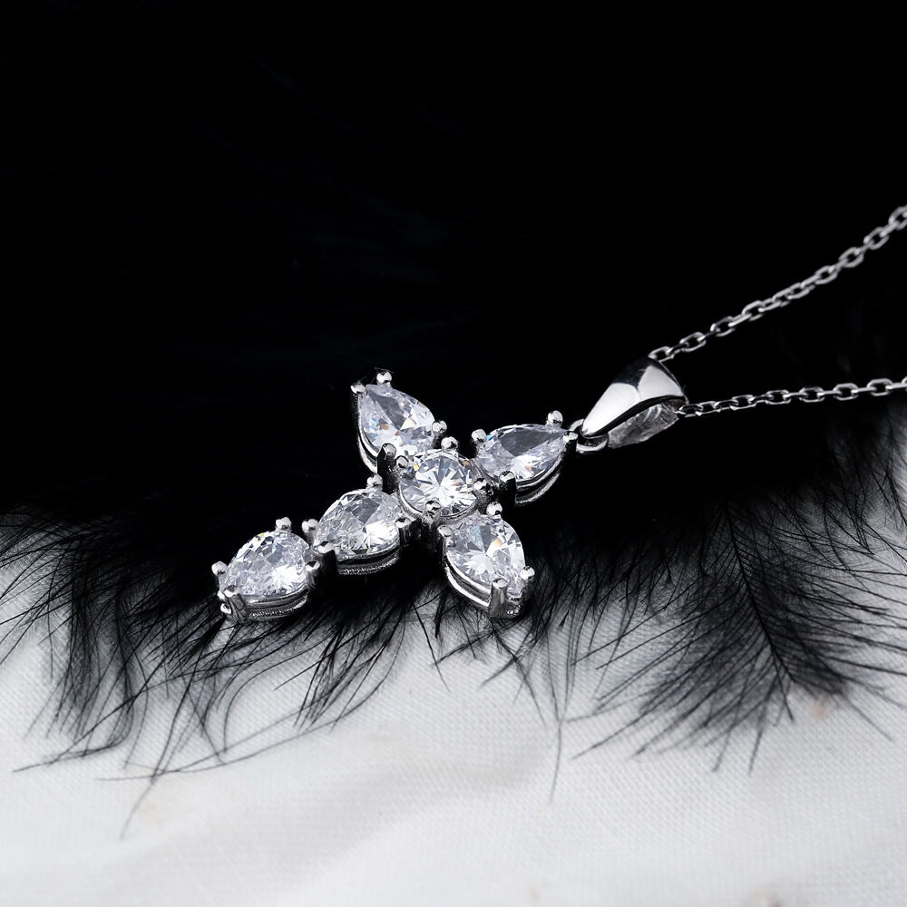 Cross Mini Pear Cut Design Pendant Turkish Wholesale Handmade 925 Sterling Silver Jewelry