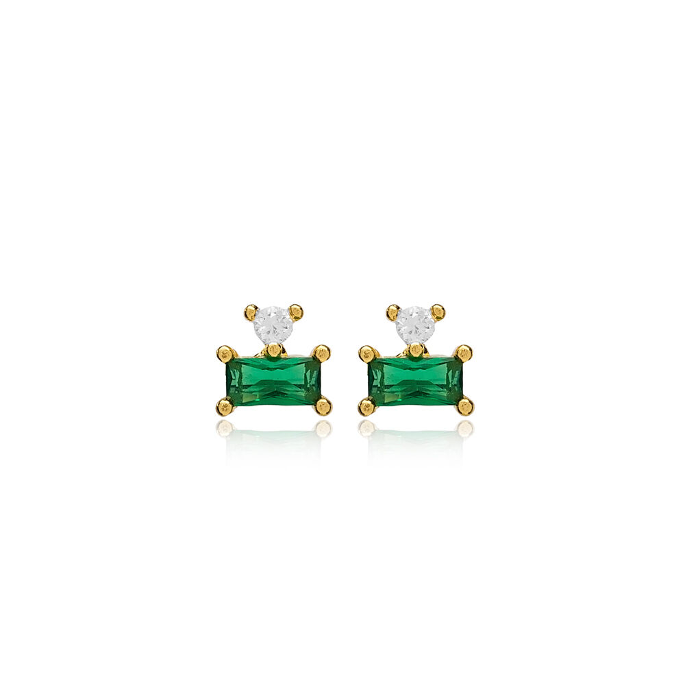 Trendy Design Baguette Emerald with Zircon Stone Stud Earrings Turkish Handmade Wholesale 925 Sterling Silver Jewelry