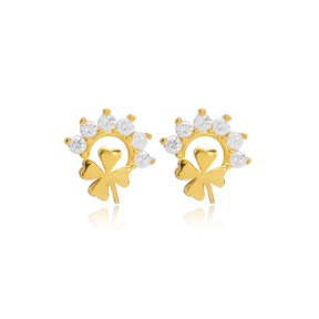 Four Leaf Clover Design Zircon Stone Stud Earring Turkish Handcrafted Wholesale 925 Sterling Silver Jewelry