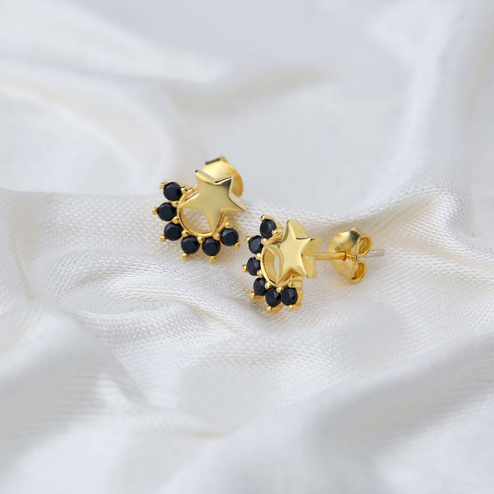 Minimalist Star Design Black Zircon Stone Stud Earrings Turkish Handmade Wholesale 925 Sterling Silver Jewelry