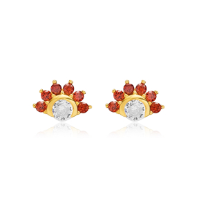 Sparkling Design Garnet with Zircon Stone Stud Earrings Turkish Handmade Wholesale 925 Sterling Silver Jewelry