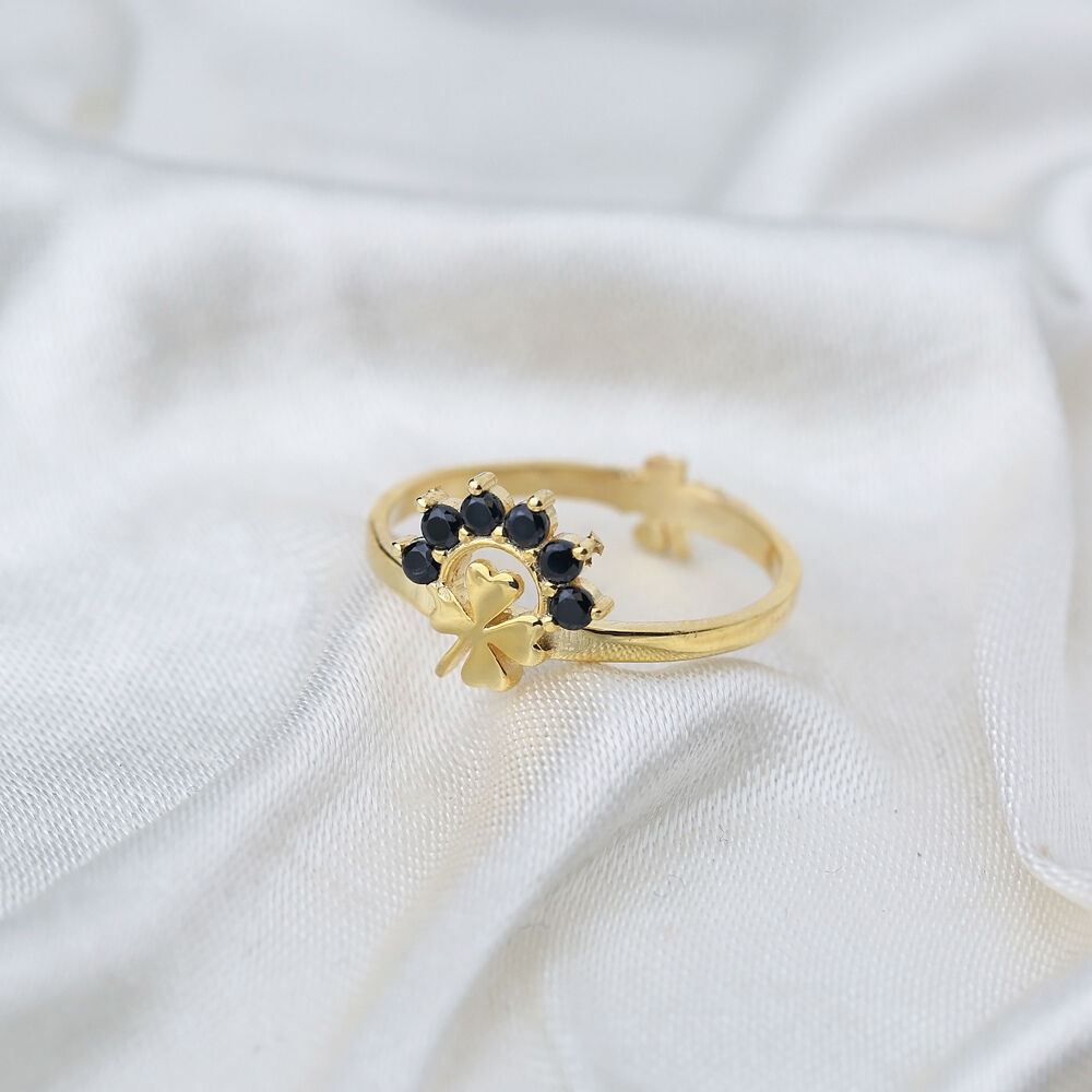Four Leaf Clover Design Black Zircon Stone Cluster Ring Wholesale 925 Sterling Silver Jewelry