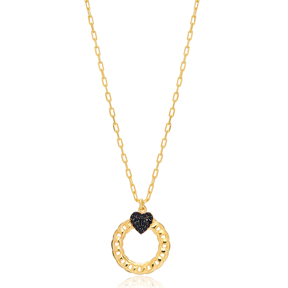 Black Zircon Heart Link Chain Hollow Design Charm Pendant 925 Sterling Silver Jewelry