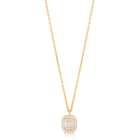 Elegant Baguette Charm Design Pendant Necklace Turkish 925 Sterling Silver Jewelry