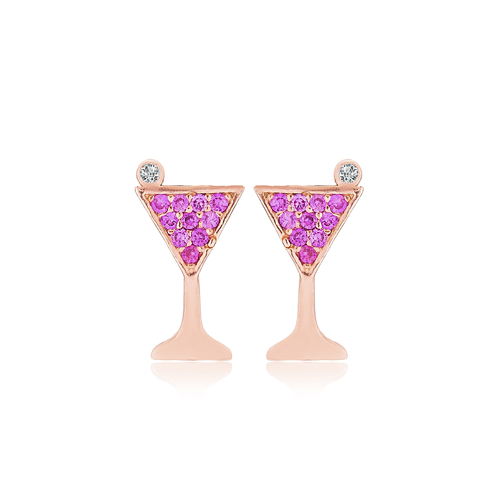 Cocktail Glass Shape Ruby Stone Stud Earrings Turkish Wholesale 925 Sterling Silver Jewelry