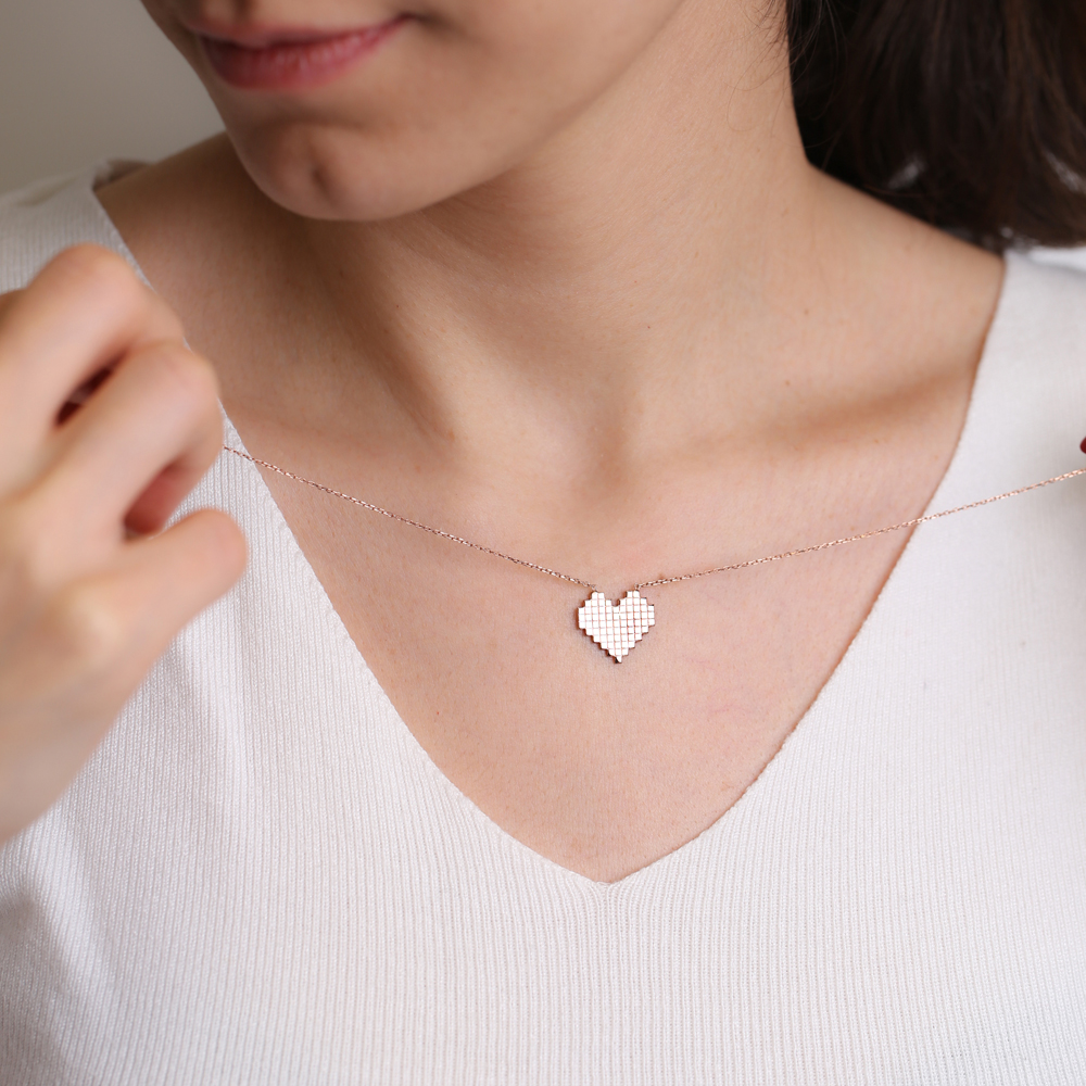 Pixel Heart Shape Charm Design Pendant Turkish Handmade 925 Sterling Silver Jewelry