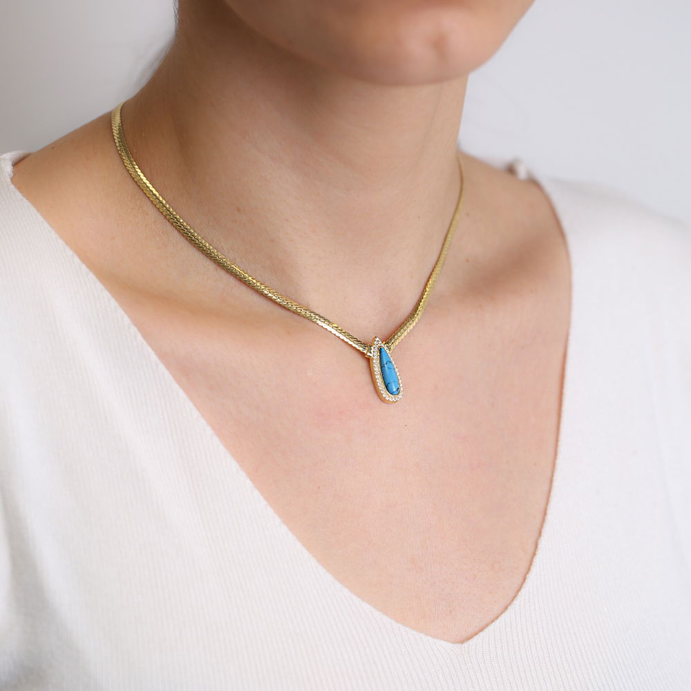 Turquoise Drop Charm Curb Chain Necklace Wholesale Turkish 925 Sterling Silver Jewelry