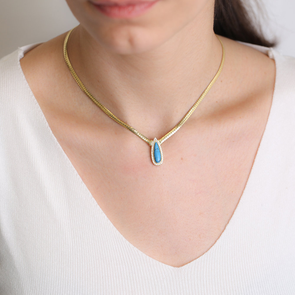 Turquoise Drop Charm Curb Chain Necklace Wholesale Turkish 925 Sterling Silver Jewelry