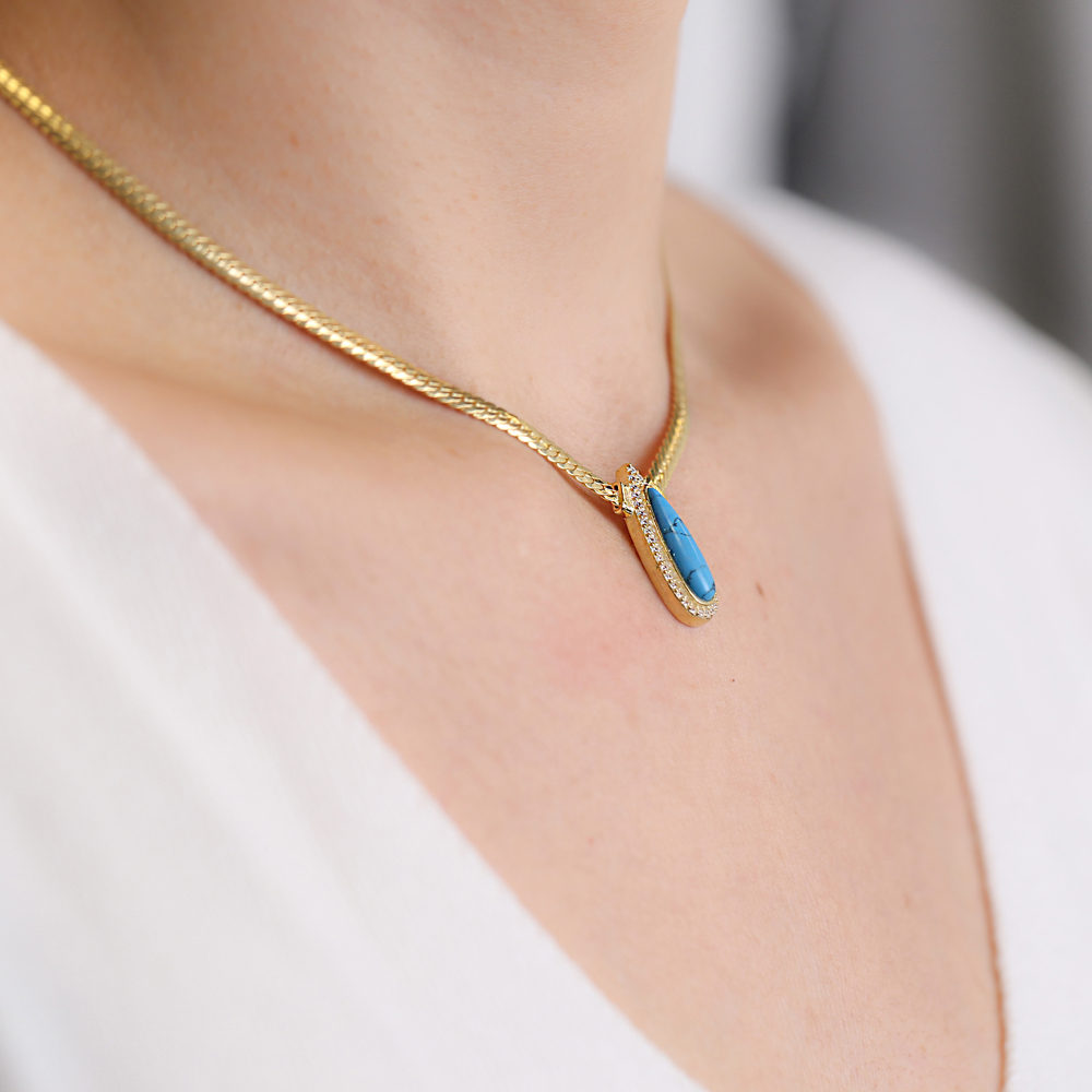 Turquoise Drop Stone Gold Plated Chain Necklace Wholesale Turkish 925 Sterling Silver Jewelry