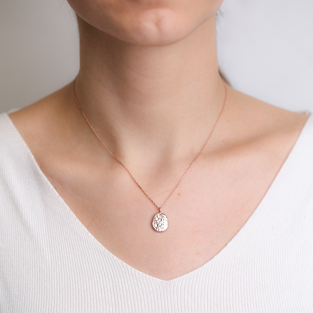 Dainty Hammered Design CZ Stone Pendant Turkish Handmade 925 Sterling Silver Jewelry