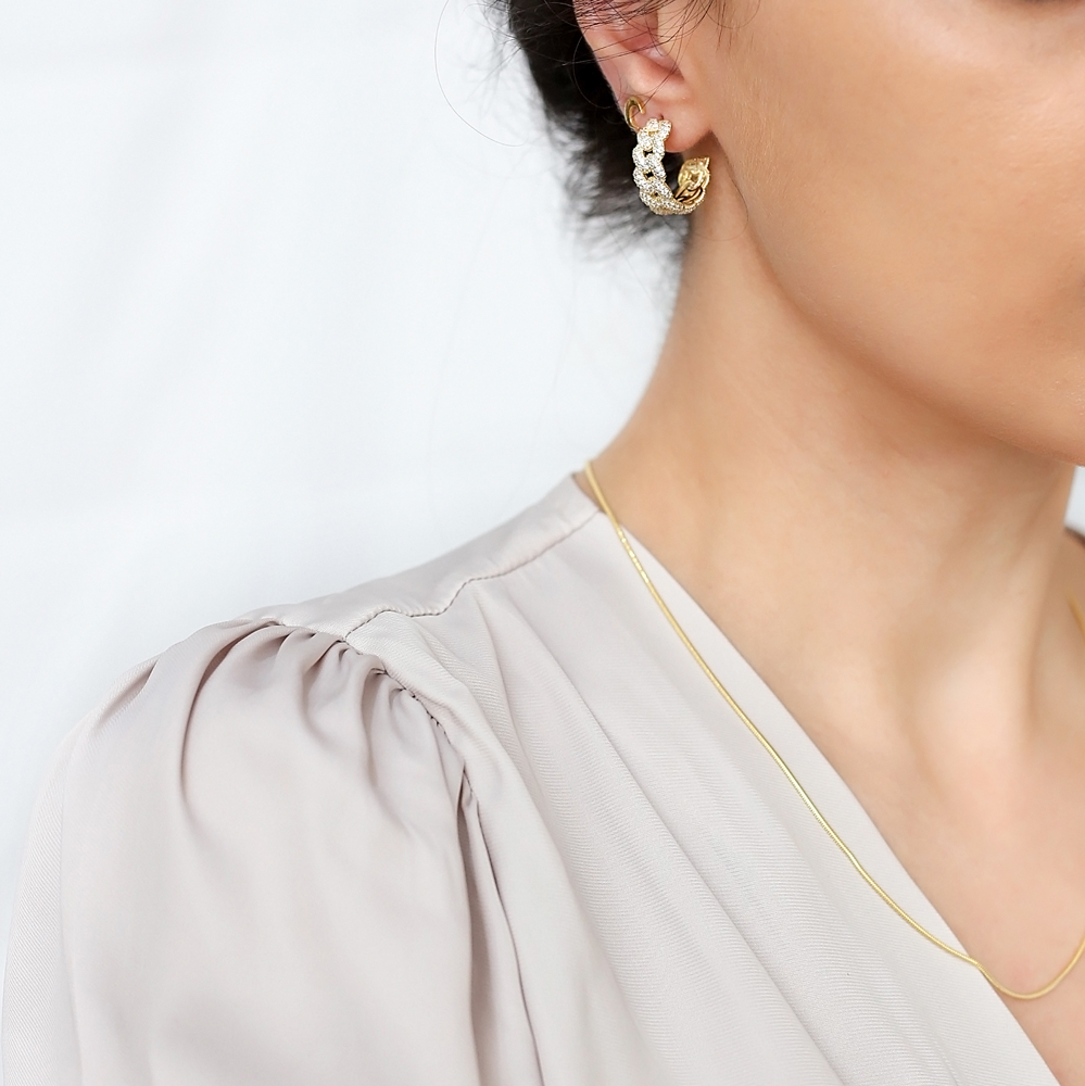 Zircon Stone Link Curb Chain Earrings  925 Sterling Silver Jewelry