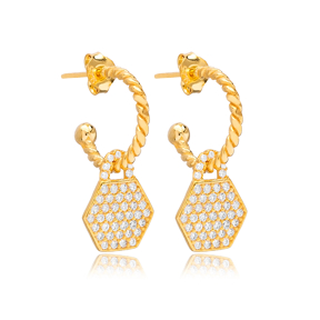 Hexagon Shape Charm Stud Earrings Wholesale Turkish 925 Silver Sterling Jewelry