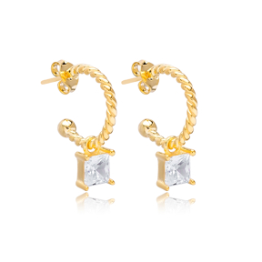 Square Zircon Shape Charm Stud Earrings Wholesale Turkish 925 Silver Sterling Jewelry