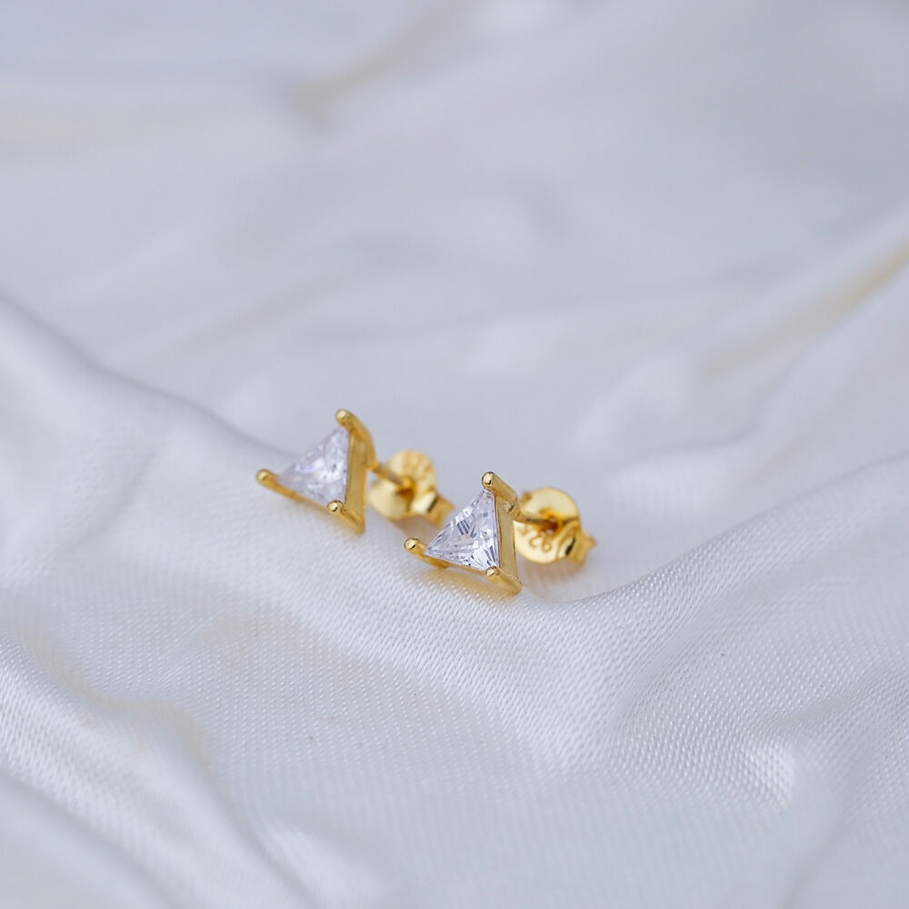 Geometric Triangle Shape Zircon Stud Earrings Turkish 925 Sterling Silver Jewelry