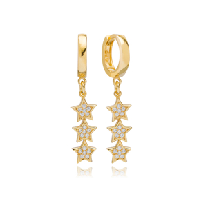 Triple Star Design Charm Earring Turkish Handmade 925 Sterling Silver Jewelry