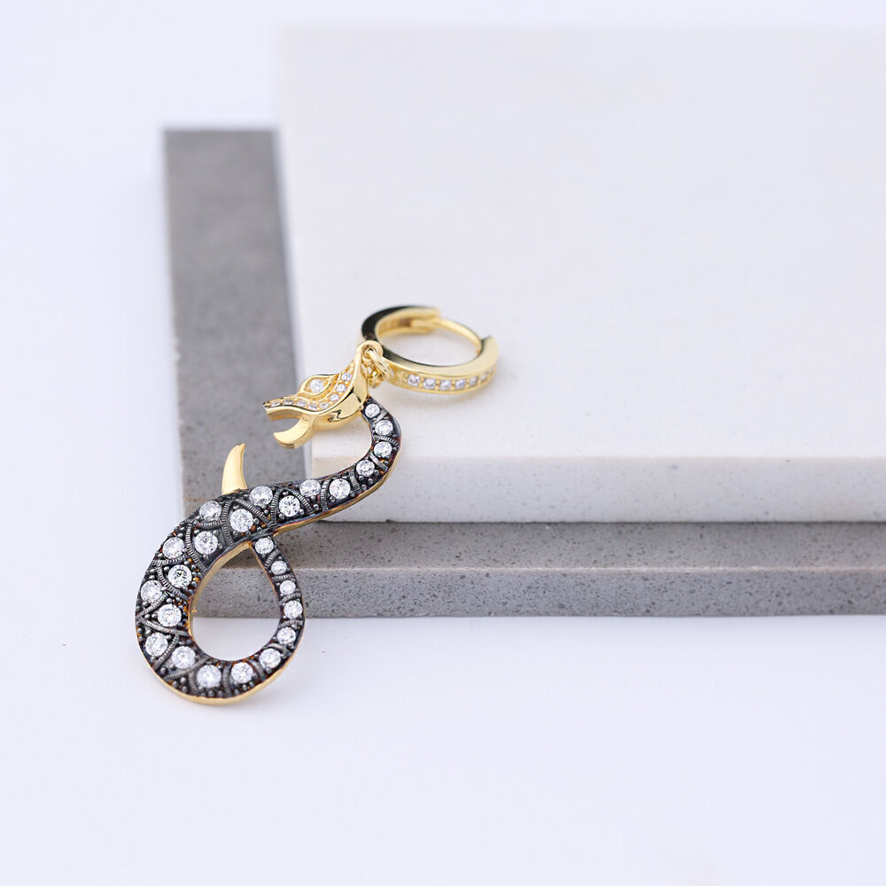 Snake Design Zircon Dangle Single Earrings Turkish Handmade 925 Sterling Silver Jewelry