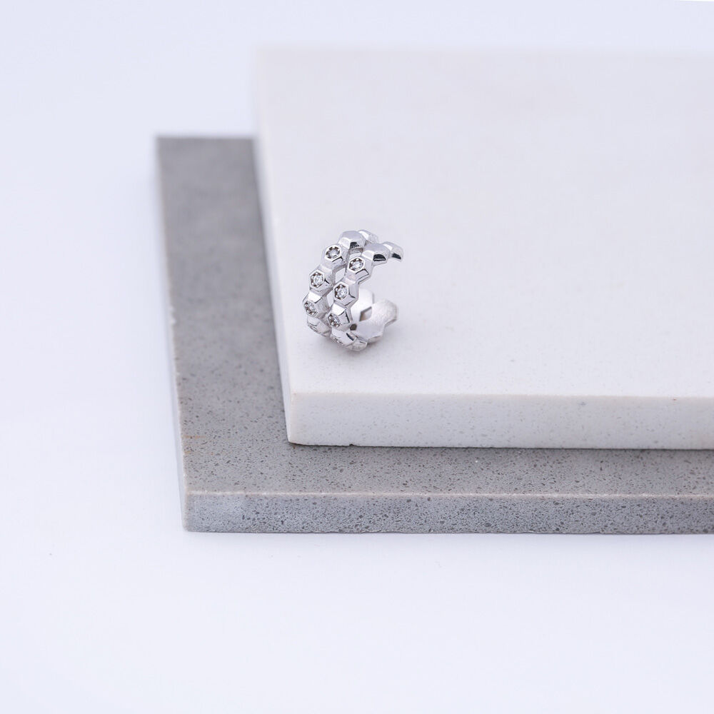 Minimalist Hexagon Design Zircon Stone Cartilage Earring 925 Sterling Silver Jewelry