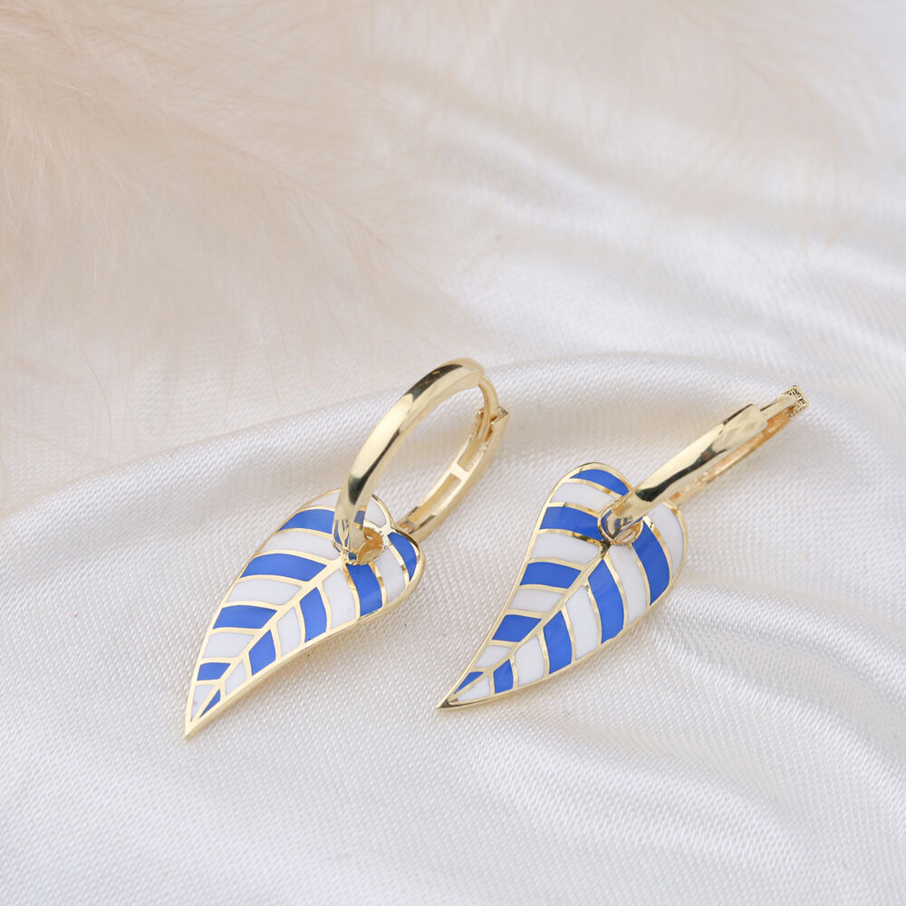 Blue and White Enamel Leaf Design Earrings Turkish Wholesale 925 Sterling Silver Jewelry