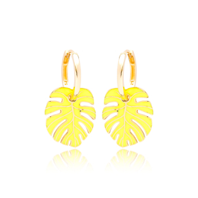 Palm Leaf Neon Yellow Enamel Design Earrings Turkish Wholesale 925 Sterling Silver Jewelry