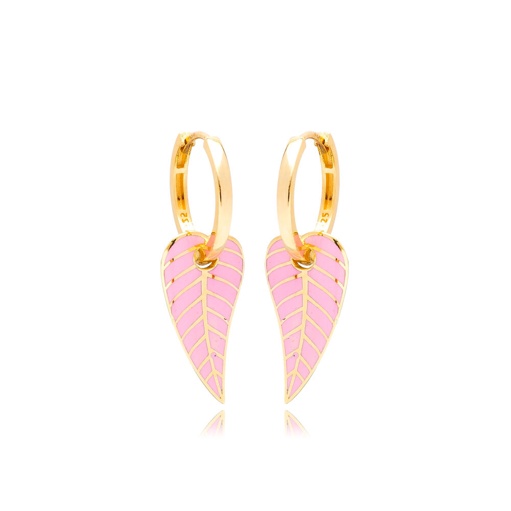 Pink Enamel Leaf Design Earrings Turkish Wholesale 925 Sterling Silver Jewelry
