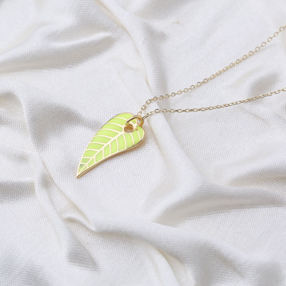 Leaf Design Neon Enamel Necklace Turkish Handcrafted 925 Sterling Silver Summer Jewelry