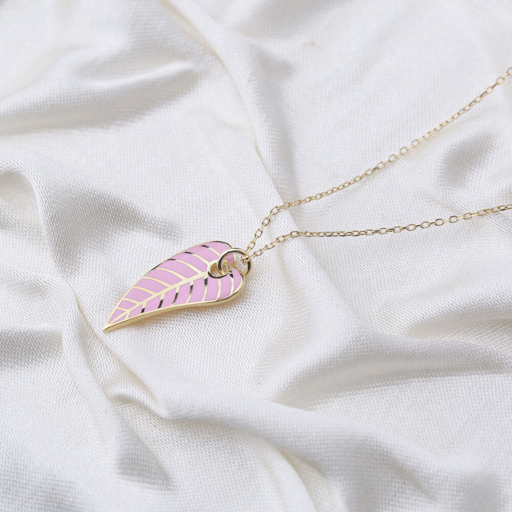 Pink Enamel Color Leaf Design Summer Necklace Turkish 925 Sterling Silver Jewelry