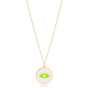 Eye Design Trendy Enamel Pendant Necklace Handmade Turkish 925 Sterling Silver Jewelry