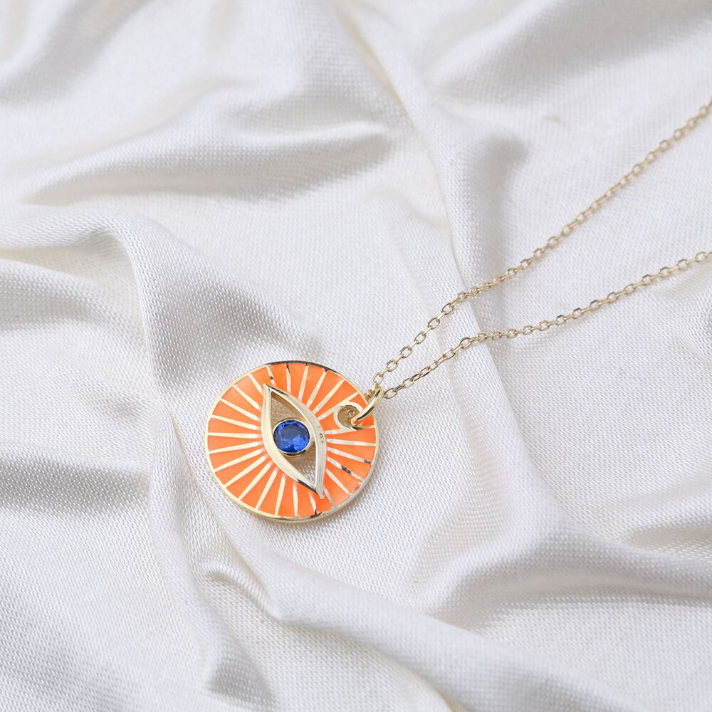 Eye Design Orange Enamel Color Necklace Handmade Turkish 925 Sterling Silver Jewelry