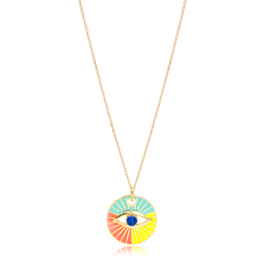 Round Shape Eye Design Colorful Enamel Necklace Handmade Turkish 925 Sterling Silver Jewelry