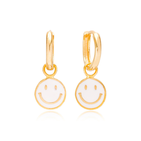 White Enamel  Smile Face Design Earrings Turkish Wholesale 925 Sterling Silver Jewelry