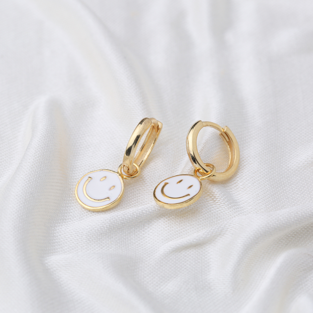 White Enamel  Smile Face Design Earrings Turkish Wholesale 925 Sterling Silver Jewelry