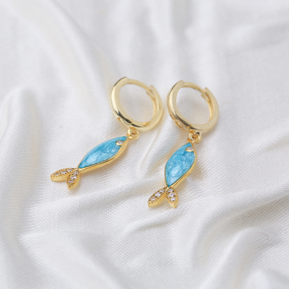 Fish Design Turquiose Opal Stone Gold Plated Dangle Earring Turkish 925 Sterling  Silver Jewelry