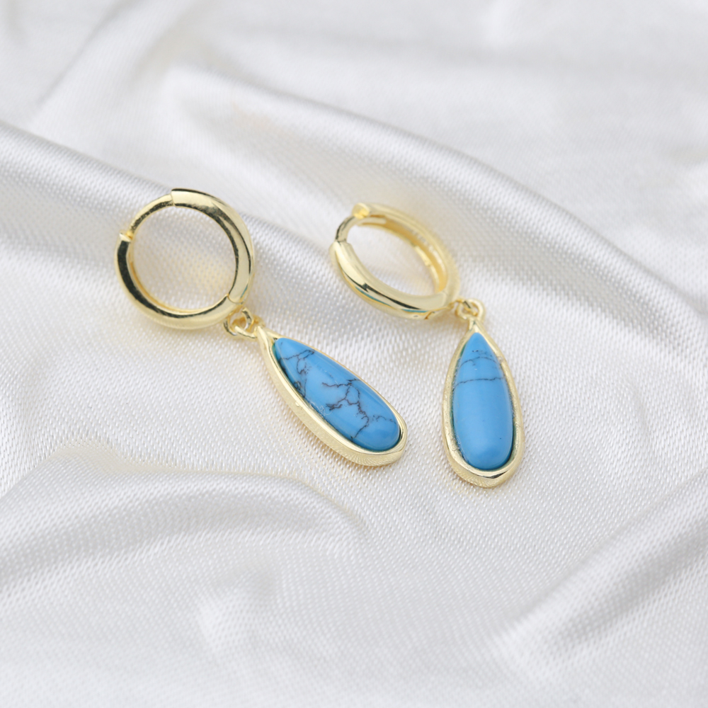 Drop Shape Gold Plated Turquoise Stone Design Turkish Wholesale 925 Sterling Silver Dangle Earrings
