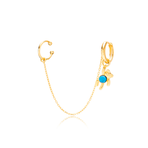 Bear Design Gold Plated Turquoise Stone Single Cartilage And Hoop Earrings 925 Sterling Silver Jewellery