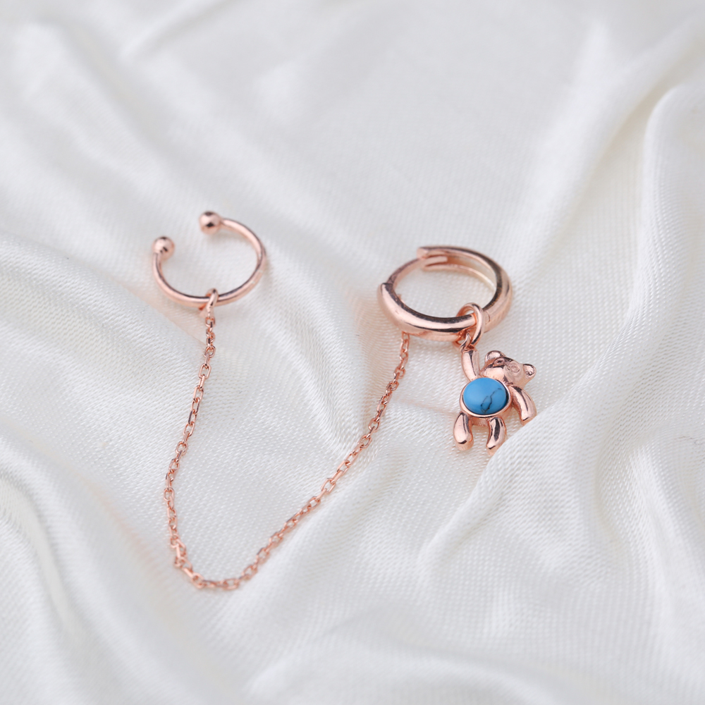 Bear Design Gold Plated Turquoise Stone Single Cartilage And Hoop Earrings 925 Sterling Silver Jewellery
